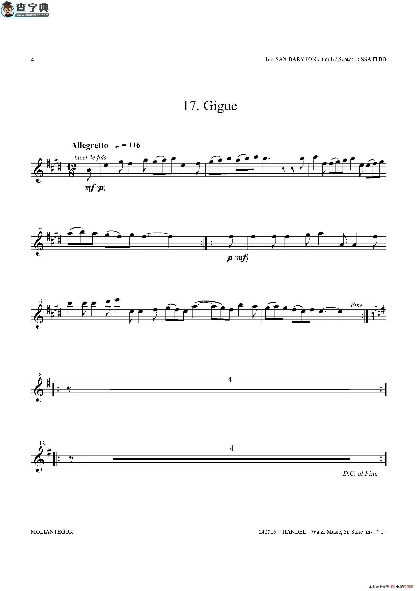 water music（hwv.350 no.3）（第一上低音萨克斯）萨克斯谱