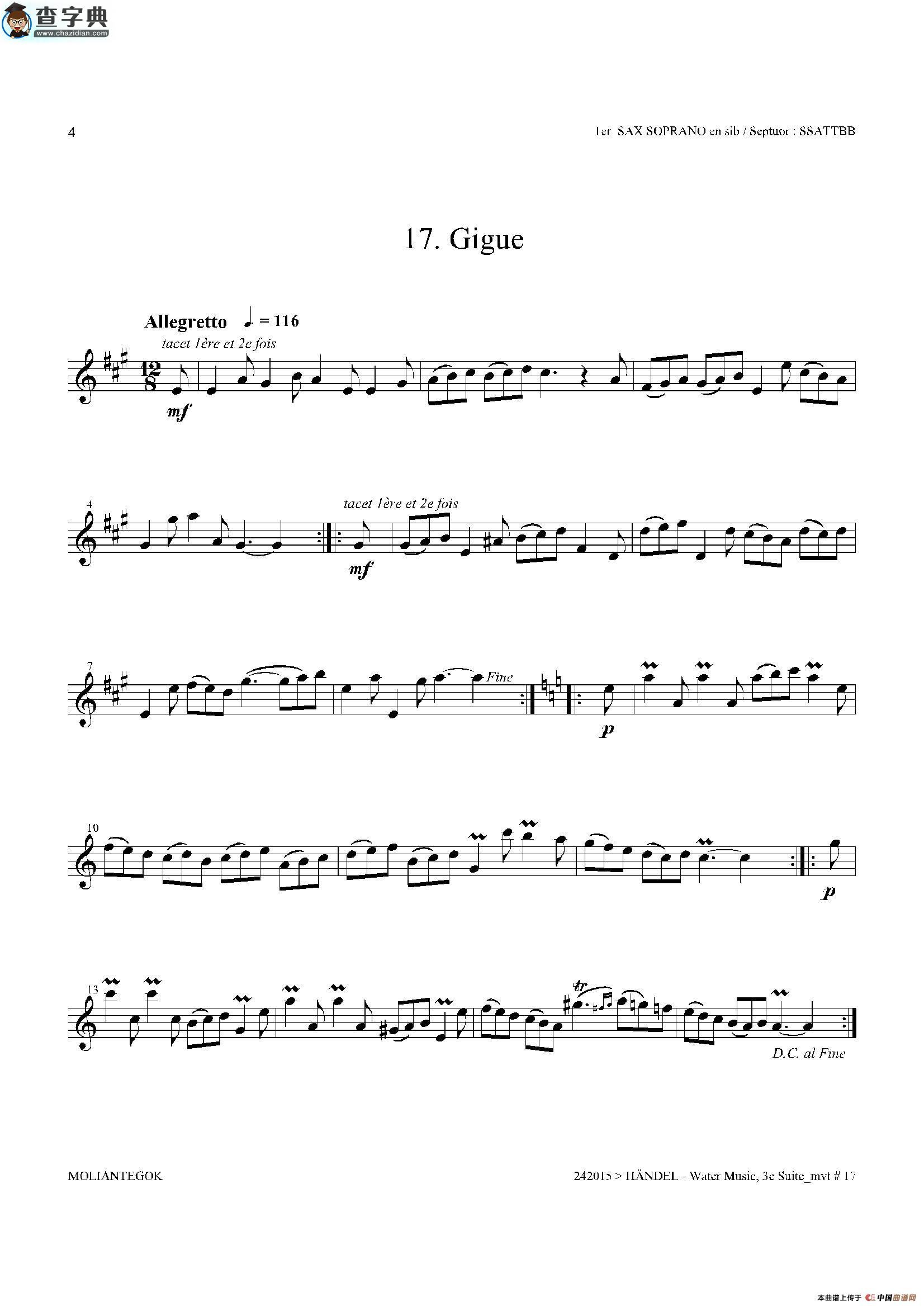 water music（hwv.350 no.3）（第一高音萨克斯）萨克斯谱