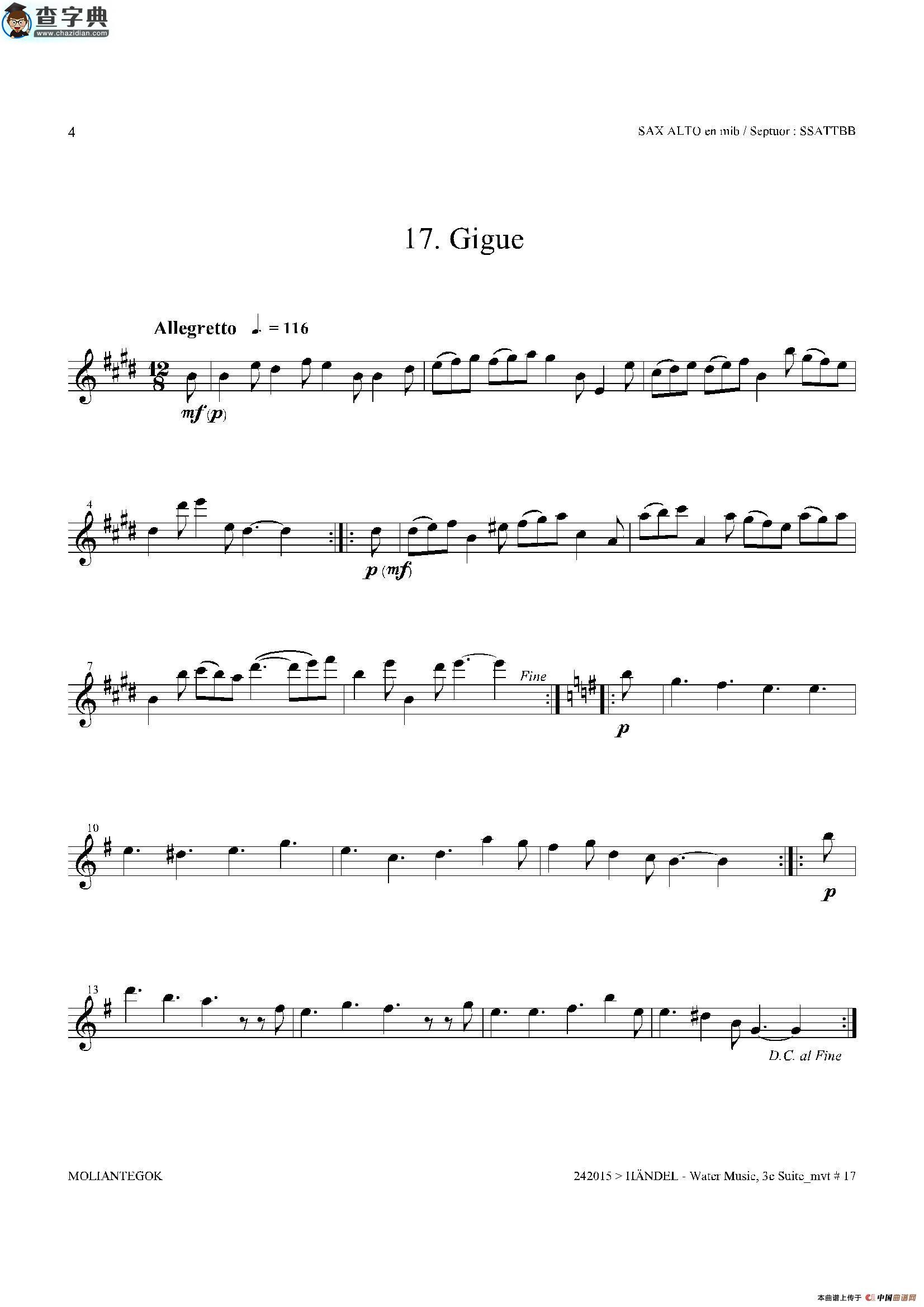 water music（hwv.350 no.3）（中音萨克斯）萨克斯谱