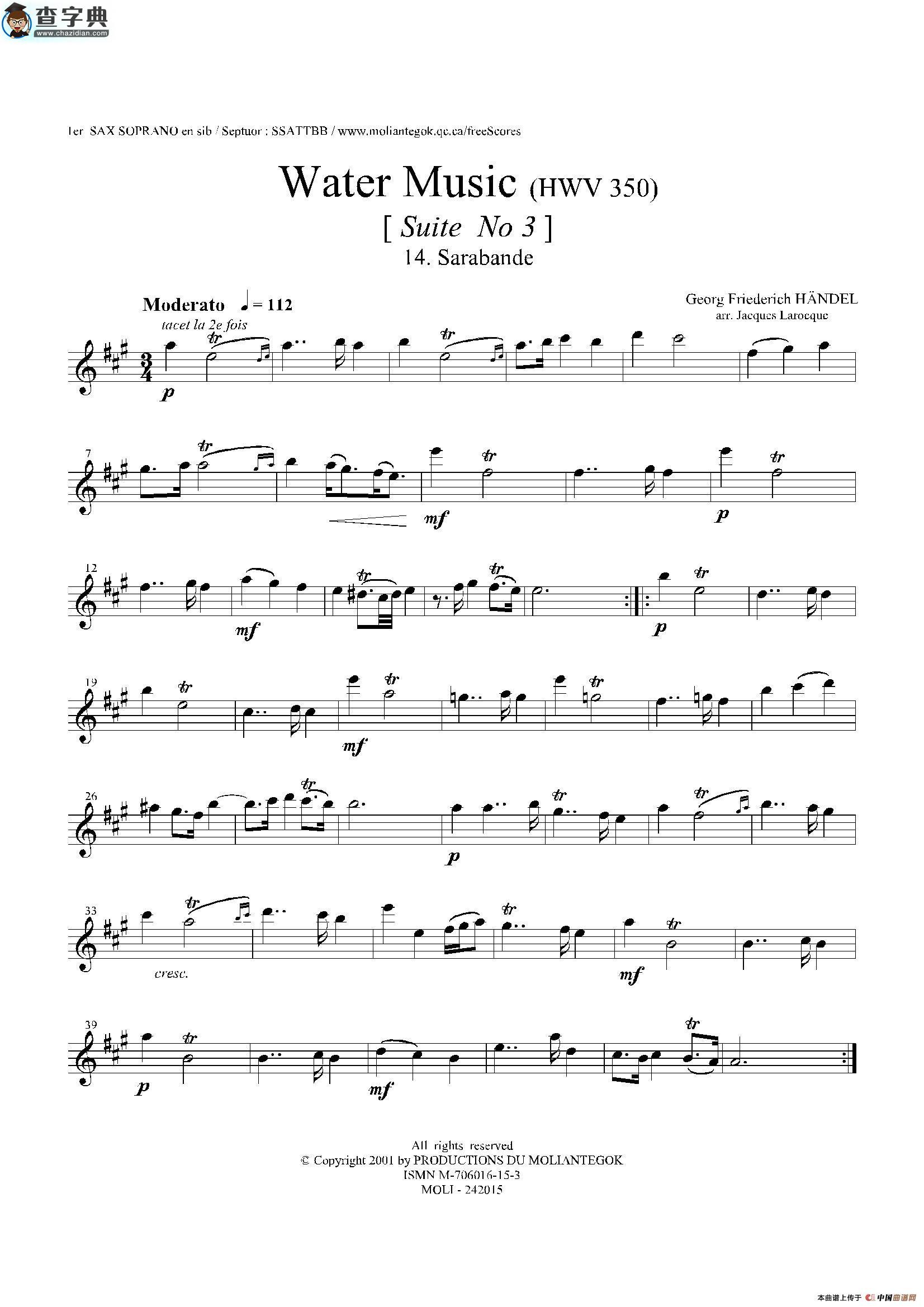 water music（hwv.350 no.3）（第一高音萨克斯）萨克斯谱