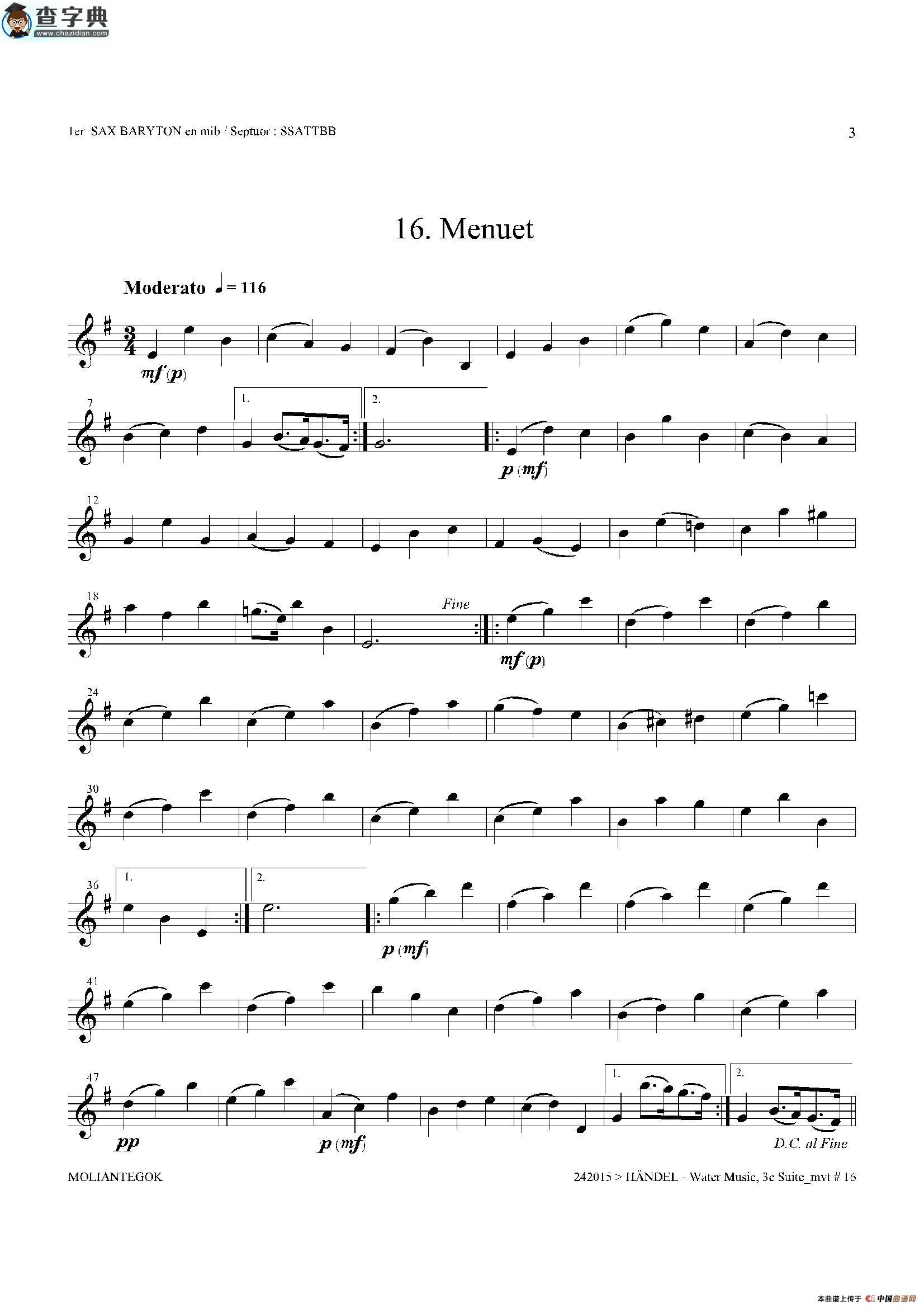 water music（hwv.350 no.3）（第一上低音萨克斯）萨克斯谱