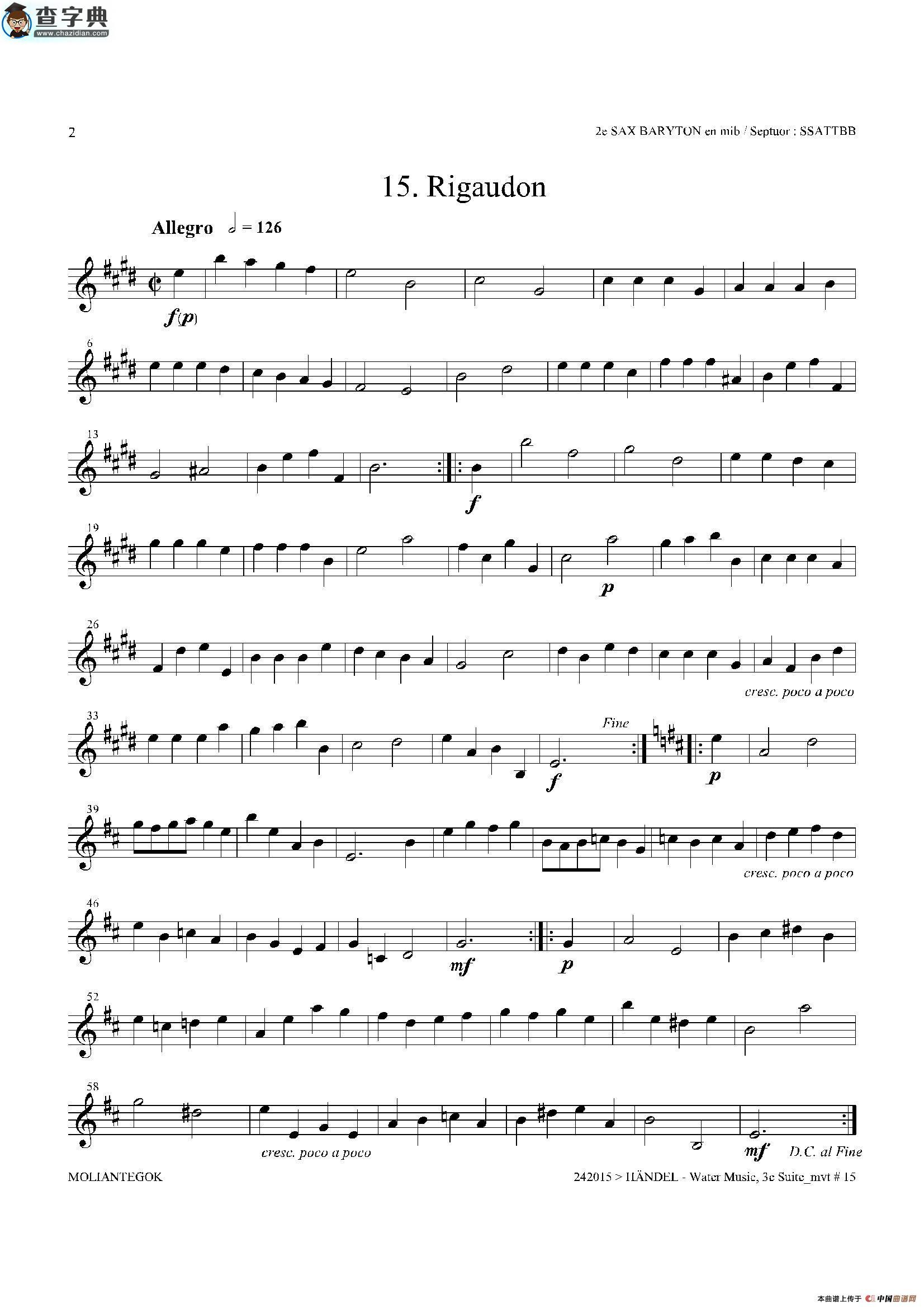 water music（hwv.350 no.3）（第二上低音萨克斯）萨克斯谱