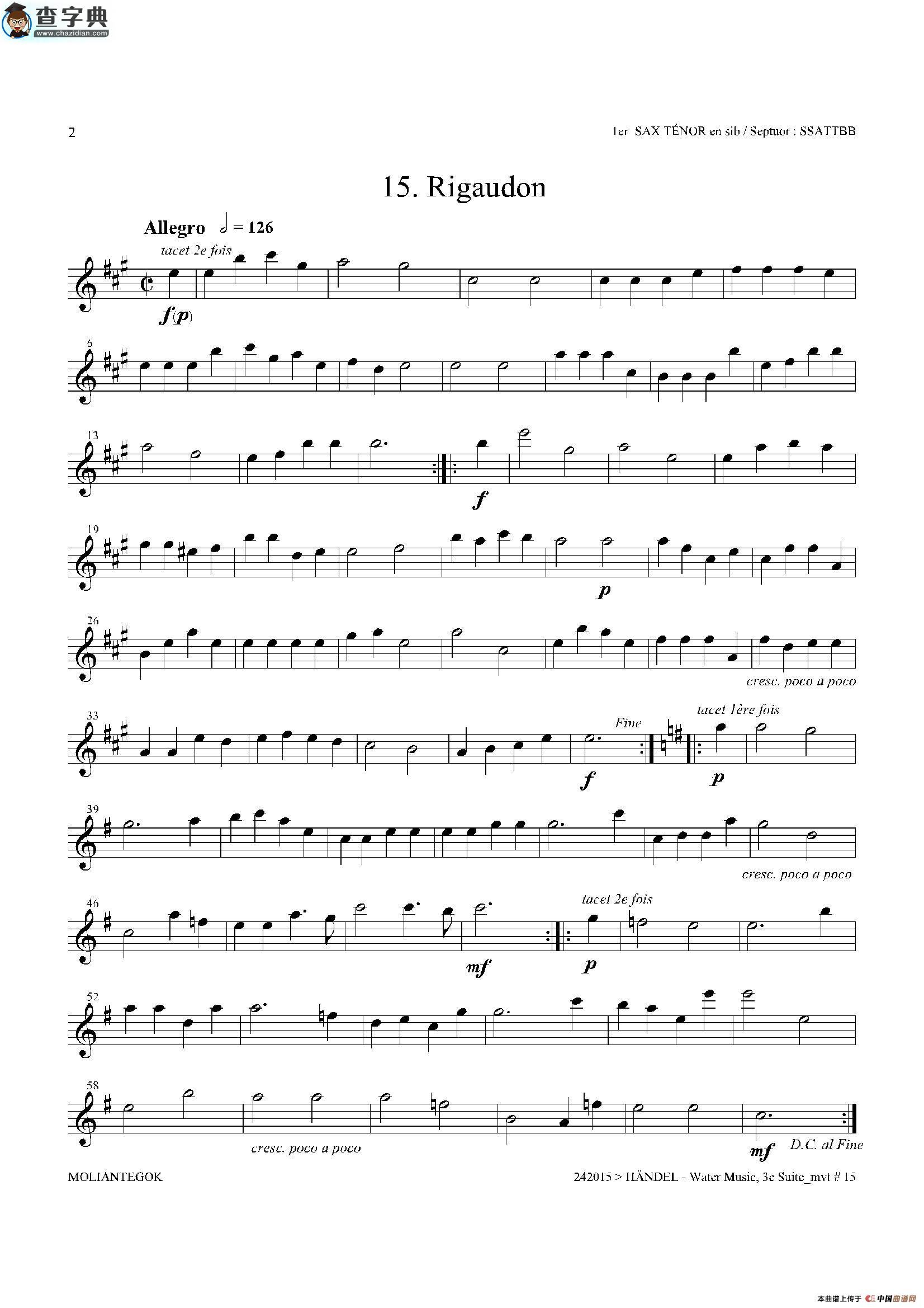 water music（hwv.350 no.3）（第一次中音萨克斯）萨克斯谱