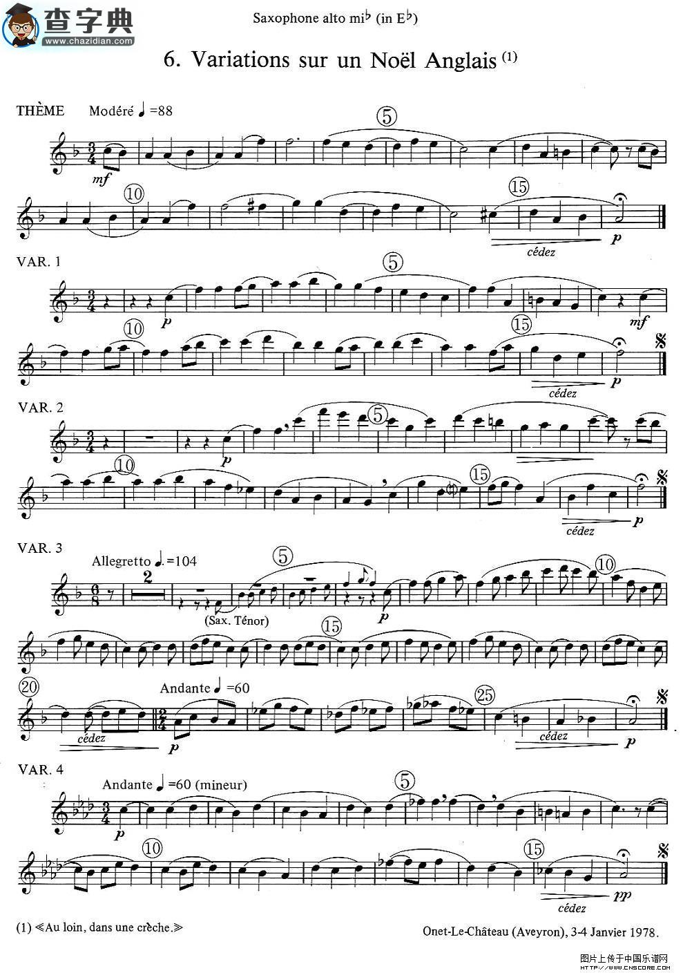 jean Bouvard 编写的6首萨克斯四重奏（中音萨克斯分谱）萨克斯谱