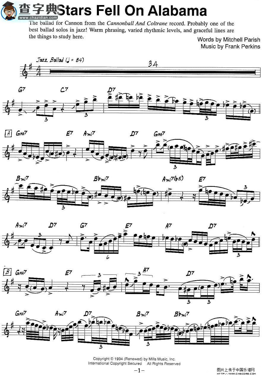 Stars Fell On Alabama萨克斯谱