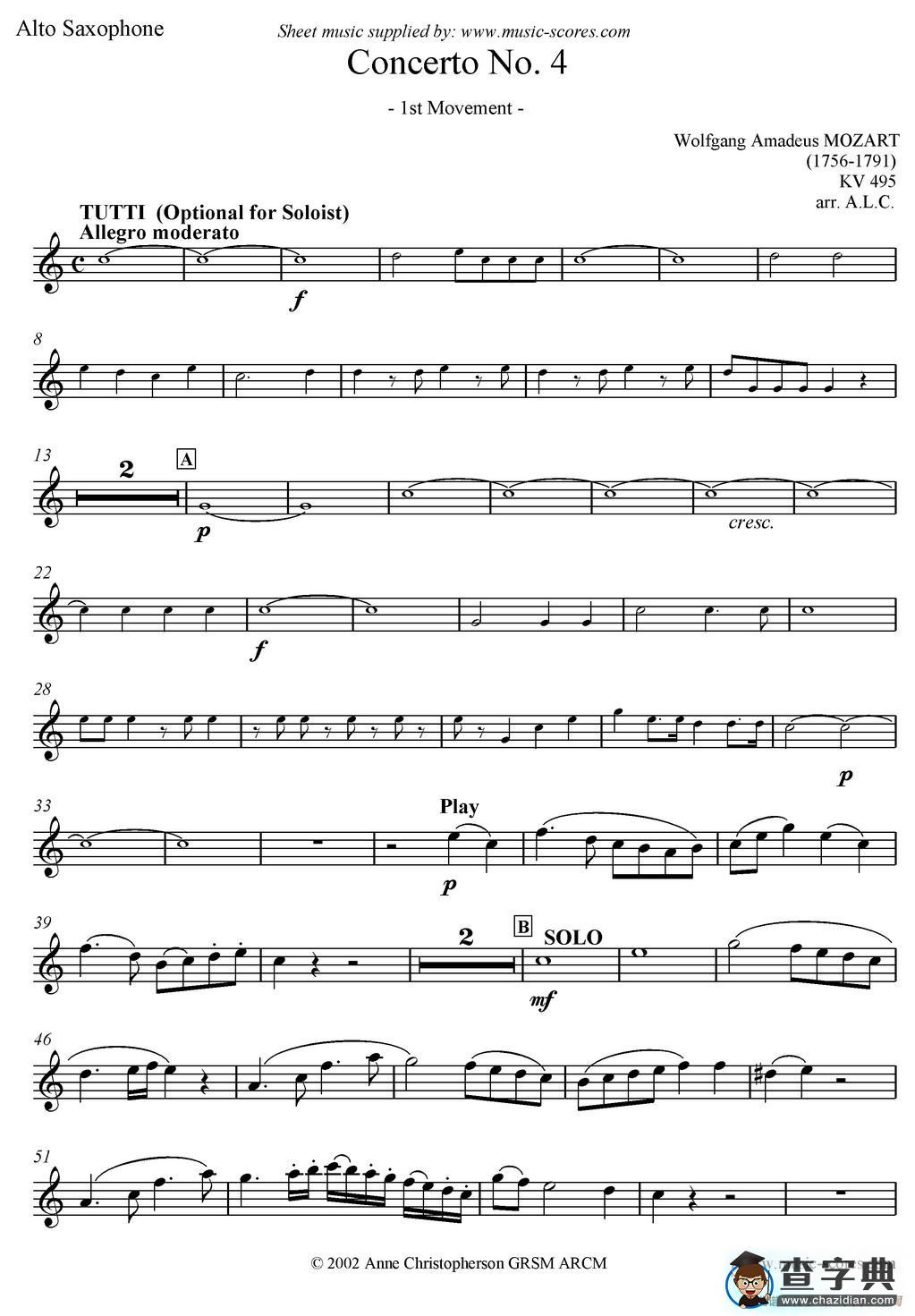 Mozart：Concerto KV495 No.4-1st（中音萨克斯）萨克斯谱