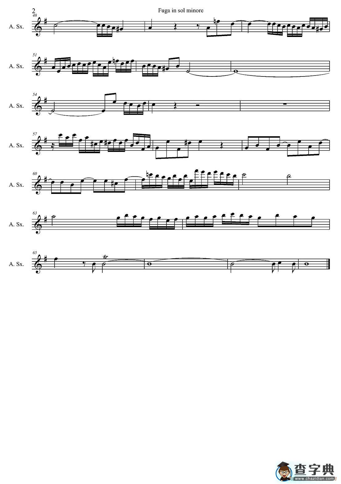 Fuga in sol minore （四重奏之中音萨克斯分谱）萨克斯谱