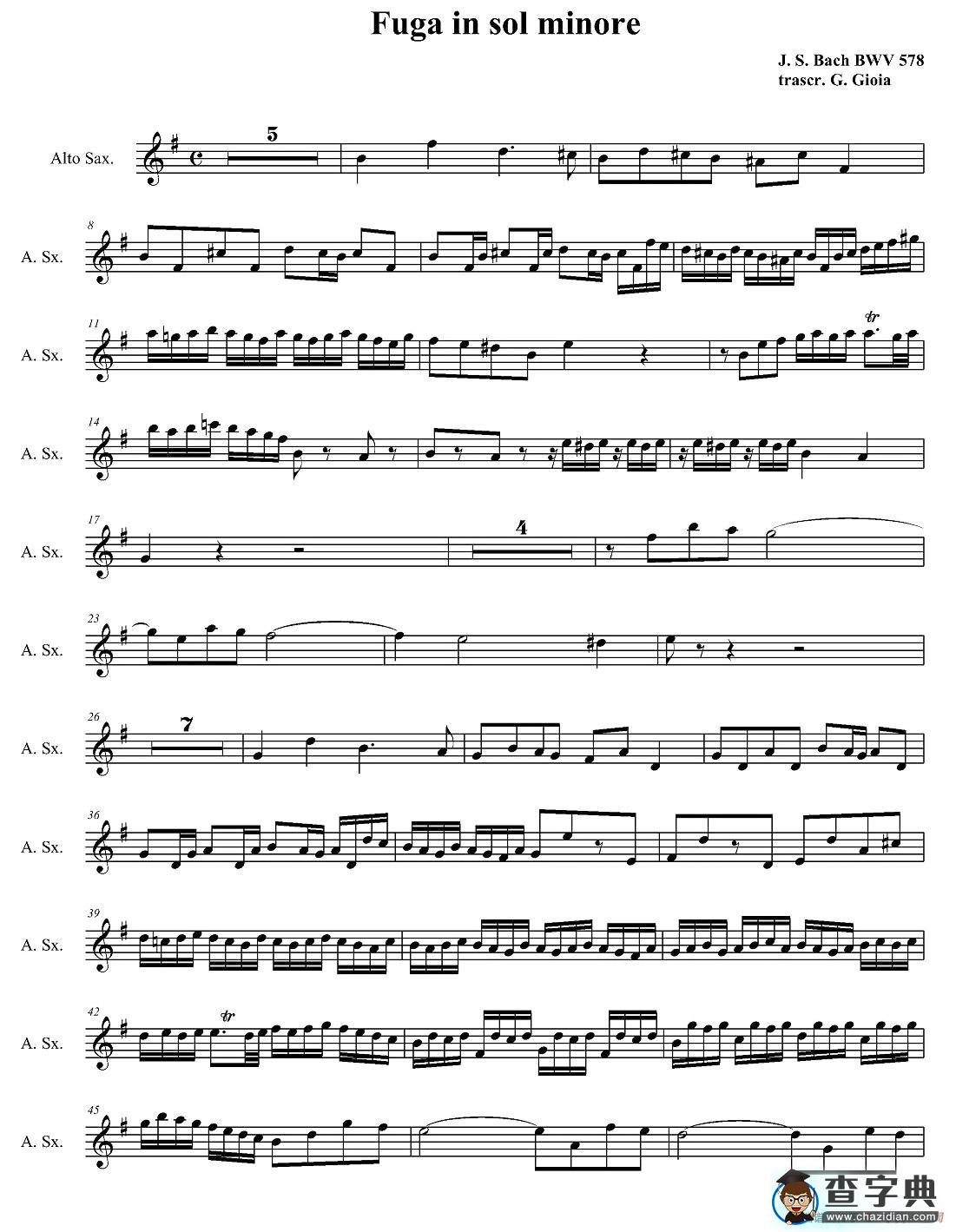 Fuga in sol minore （四重奏之中音萨克斯分谱）萨克斯谱