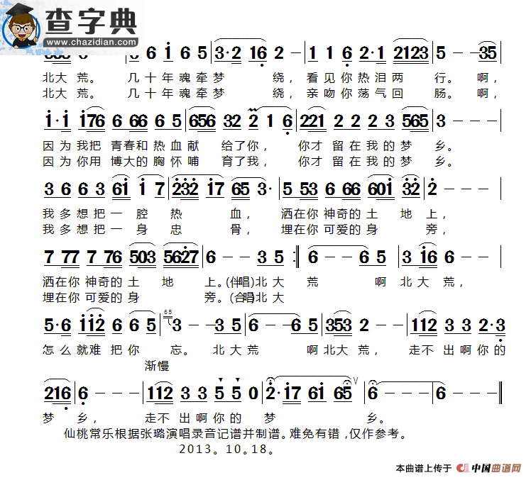 难忘北大荒（陈晓明词 孙思源曲）简谱