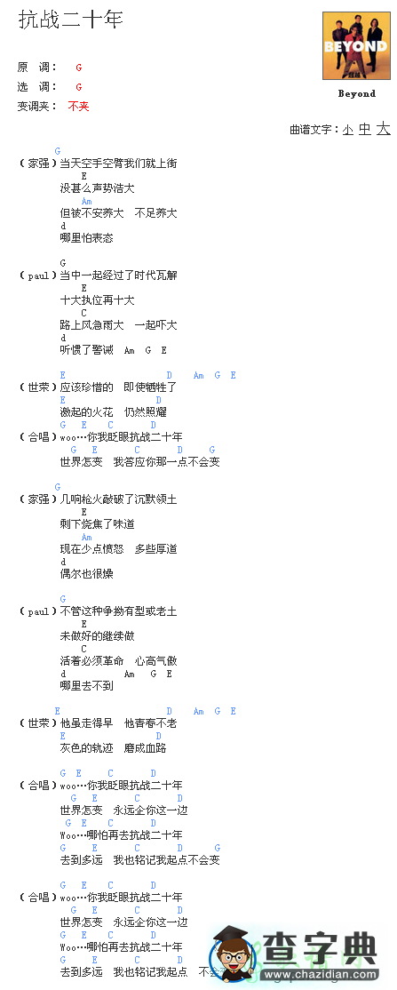 抗战二十年吉他谱_BEYOND抗战二十年吉他曲谱