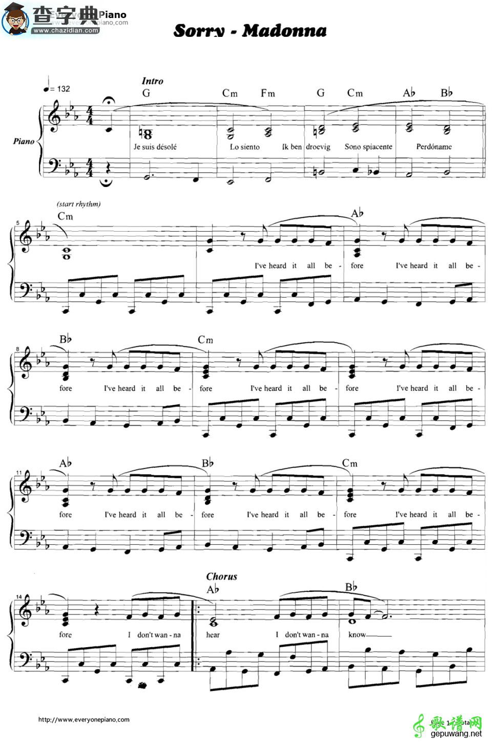 【Sorry钢琴谱】Madonna