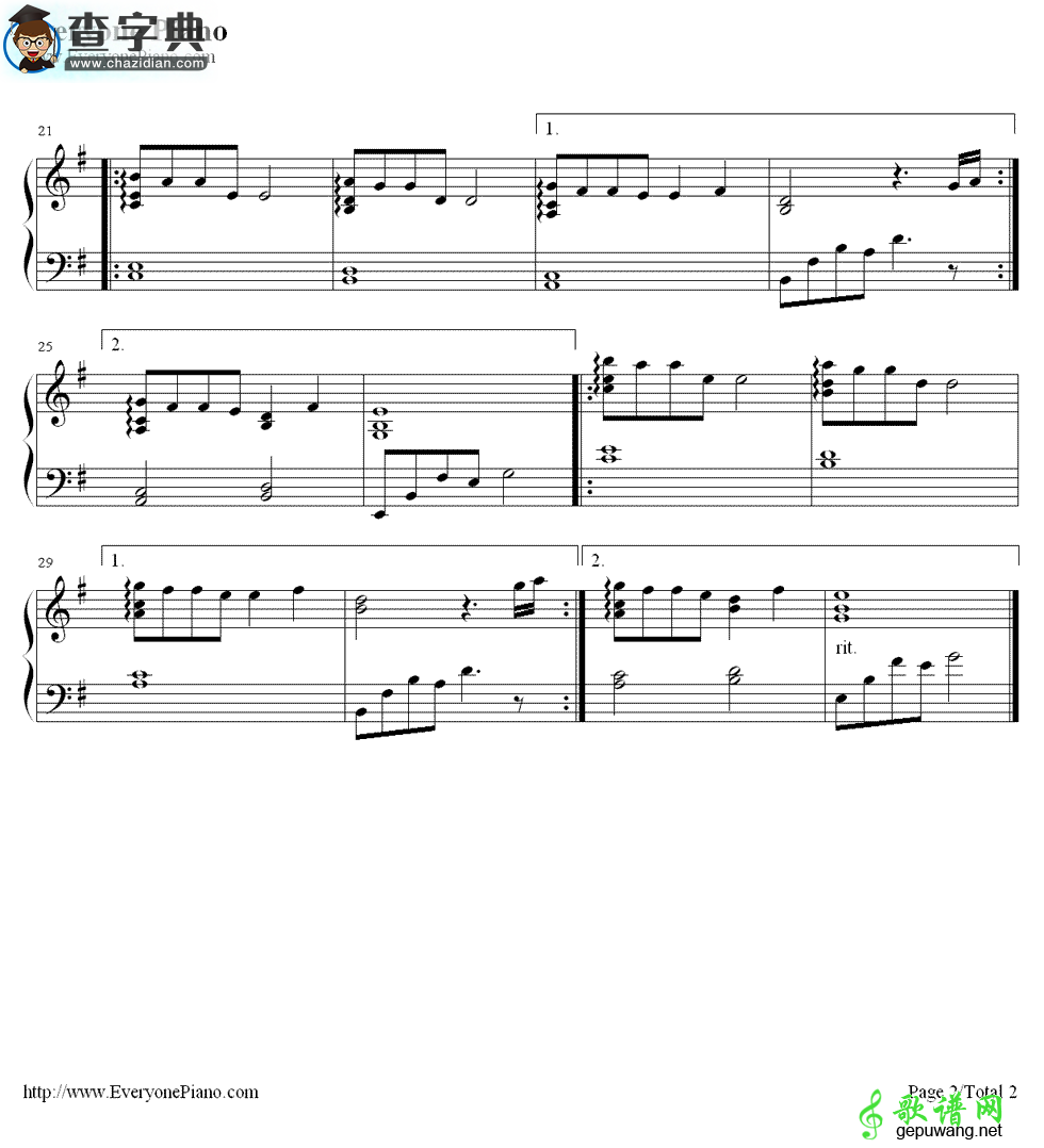 【ひとりにしないで钢琴谱】天降之物插曲钢琴五线谱
