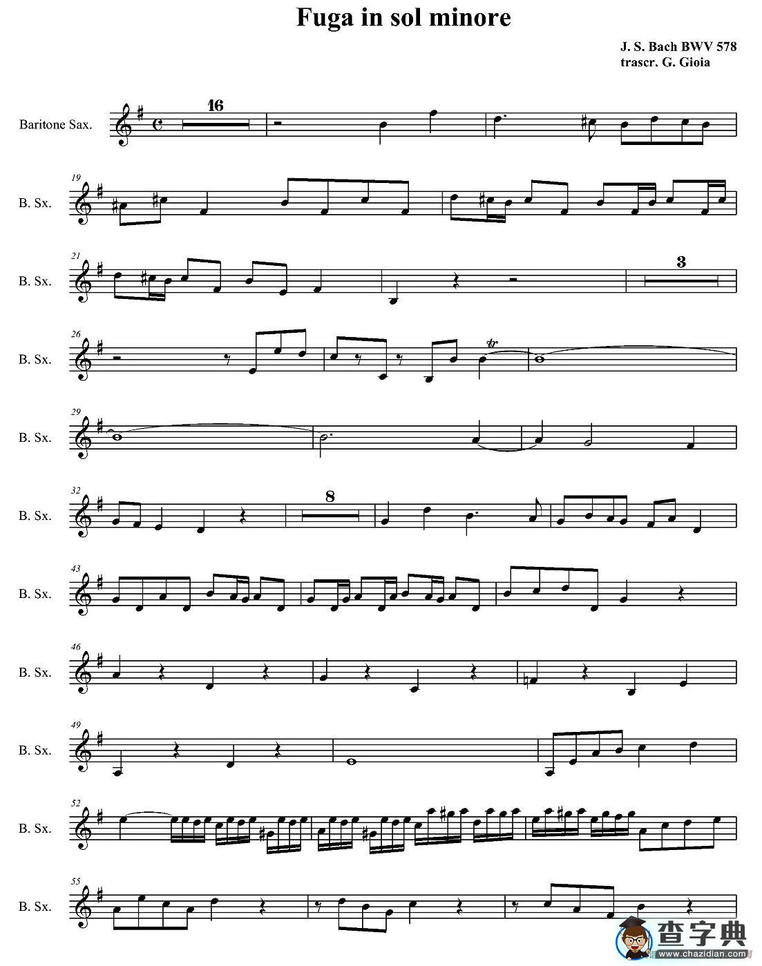 Fuga in sol minore（四重奏之上低音萨克斯分谱）萨克斯谱