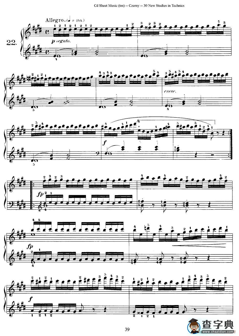 Czerny - 30 New Studies - 22（车尔尼Op849 - 30首练习曲）钢琴谱