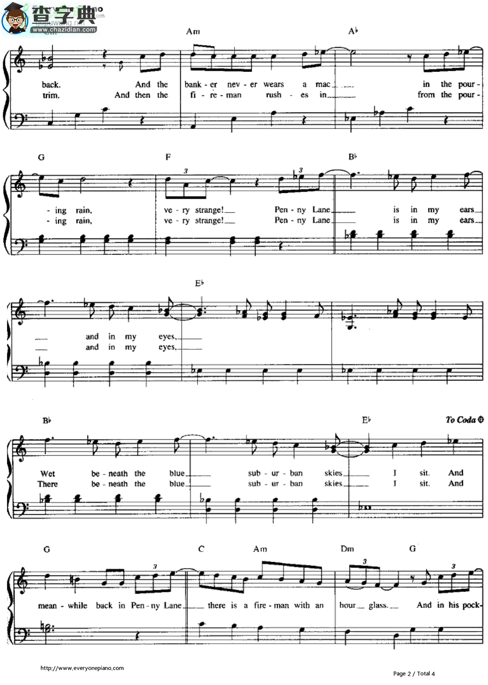 【Penny Lane钢琴谱】The Beatles