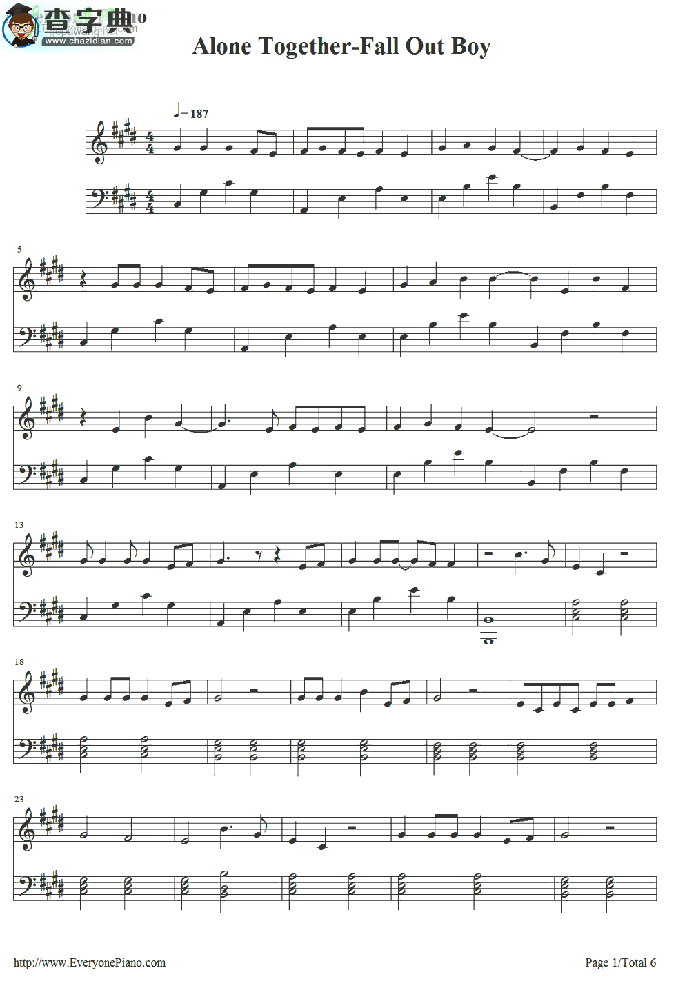 【Alone Together钢琴谱】Fall Out Boy