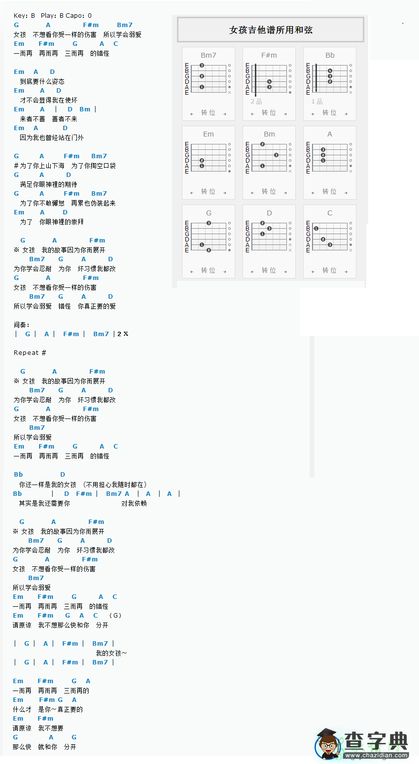 吉他简谱：女孩