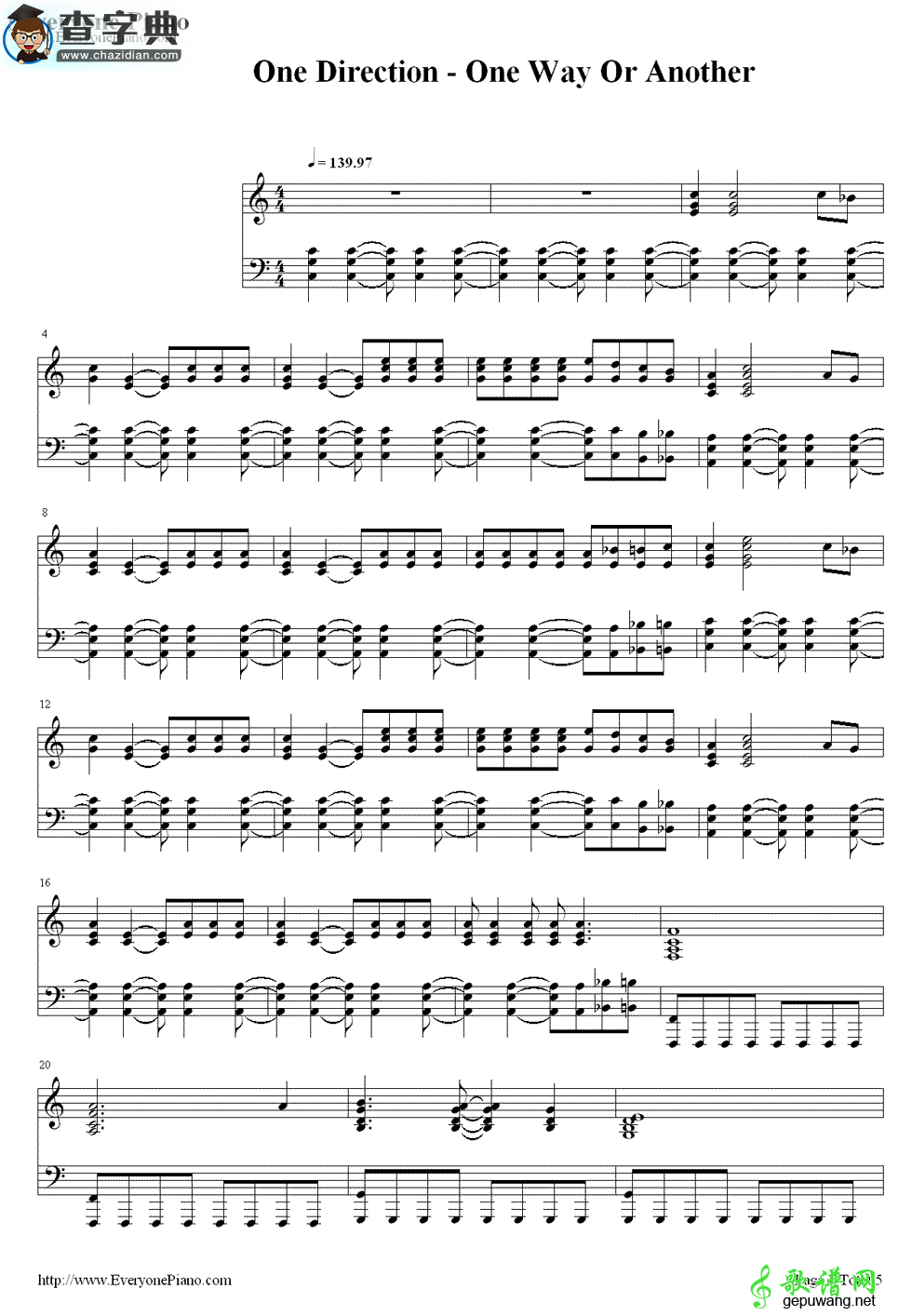 【One Way Or Another(Teenage Kicks)钢琴谱】五线谱