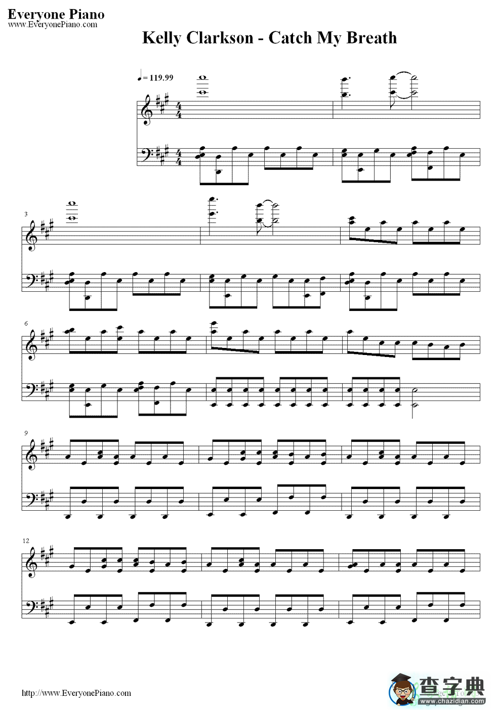 【Catch My Breath钢琴谱】Kelly Clarkson