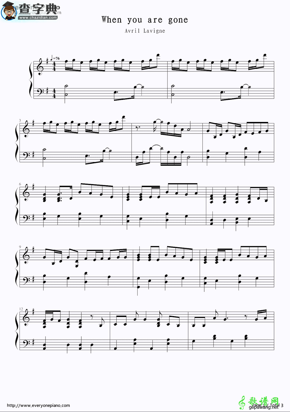 【When Youre Gone钢琴谱】艾薇儿When Youre Gone钢琴简谱