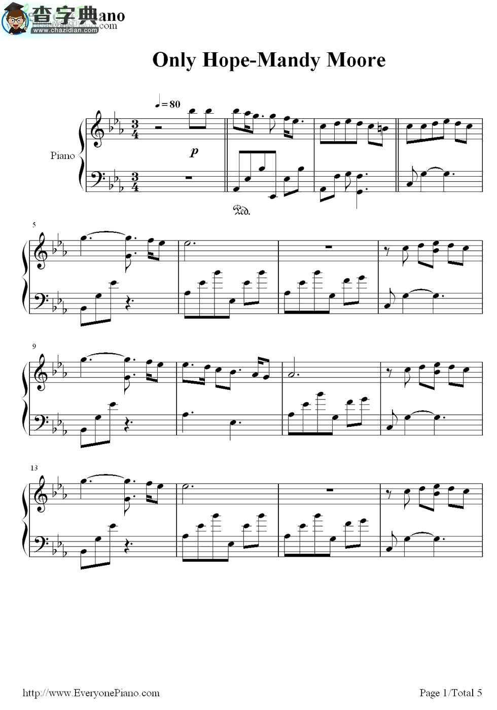 【Only Hope钢琴谱】Mandy Moore