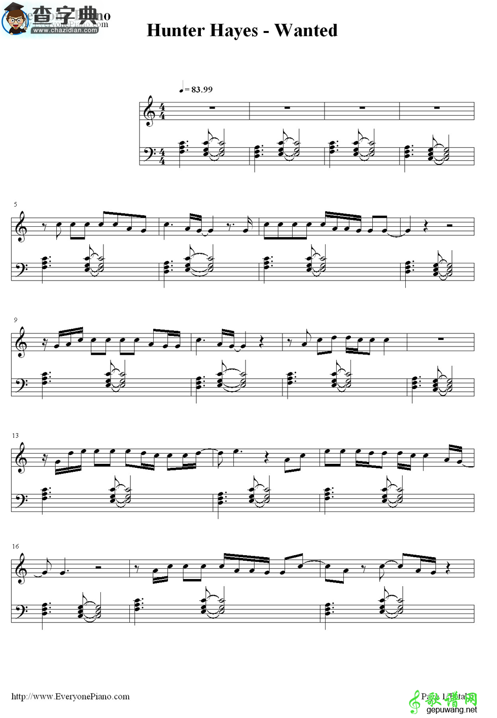 【Wanted钢琴谱】Hunter Hayes