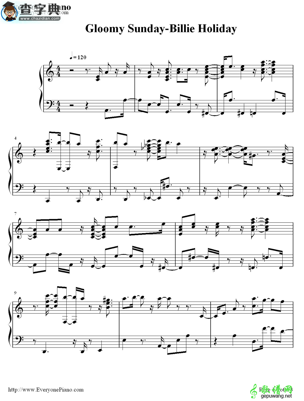 【Gloomy Sunday钢琴谱】Billie Holiday