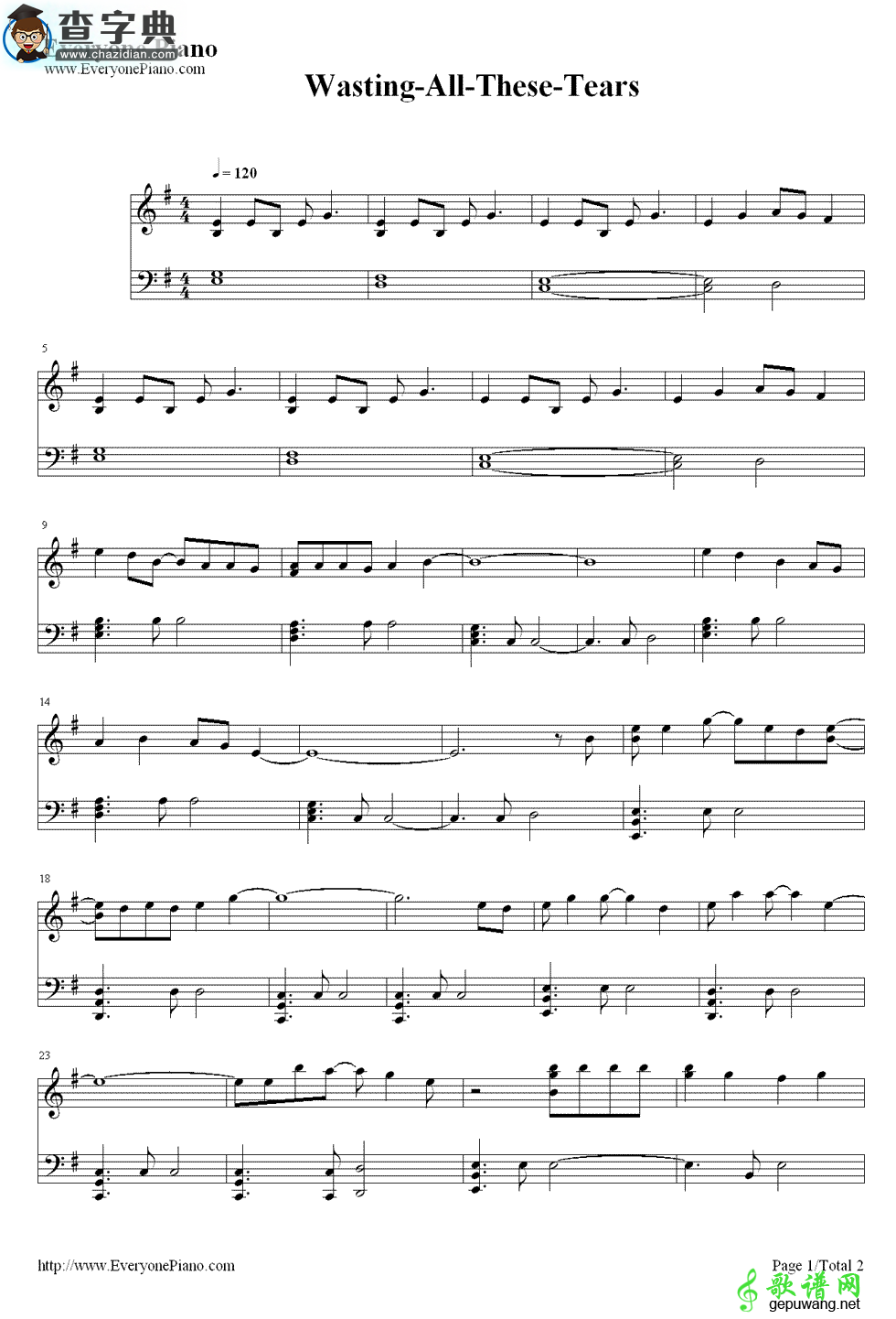 【Wasting All These Tears钢琴谱】Cassadee Pope