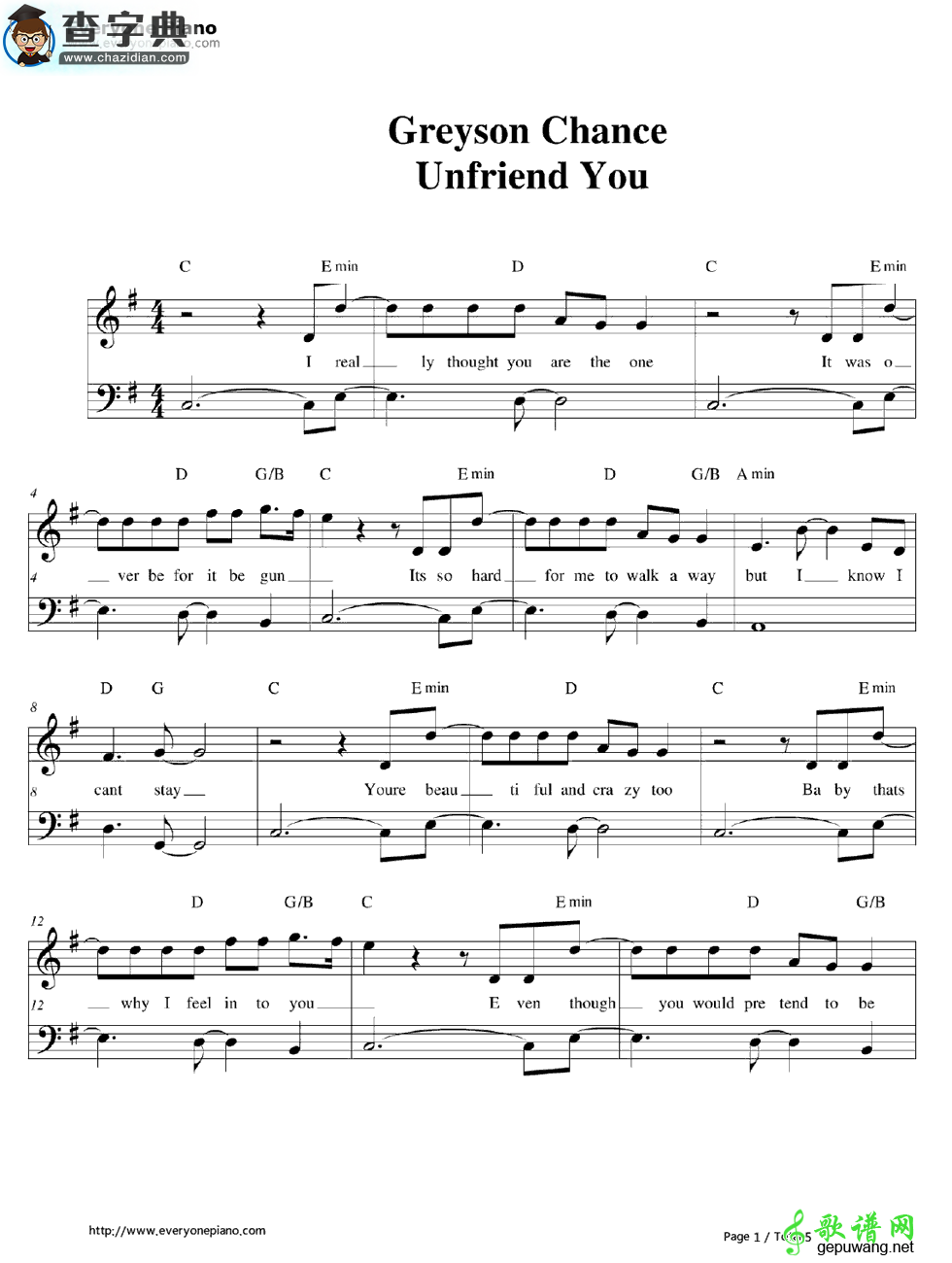 【Unfriend You钢琴谱】五线谱