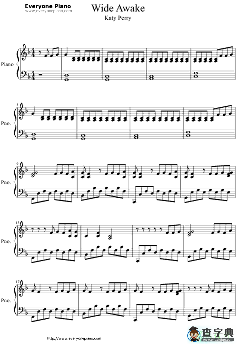 【Wide Awake钢琴谱】五线谱
