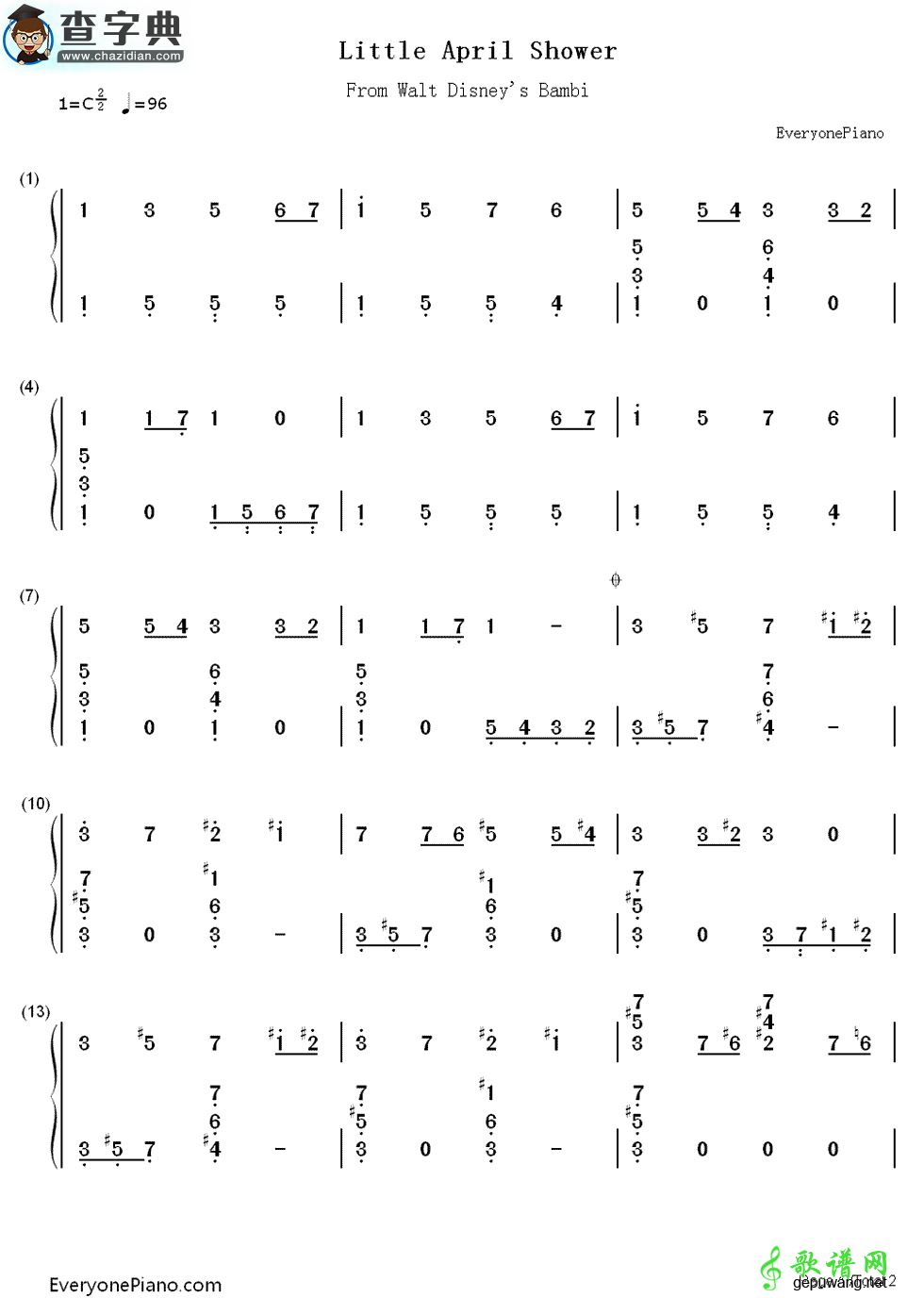 【Little April Shower钢琴谱】《小鹿斑比》插曲钢琴简谱