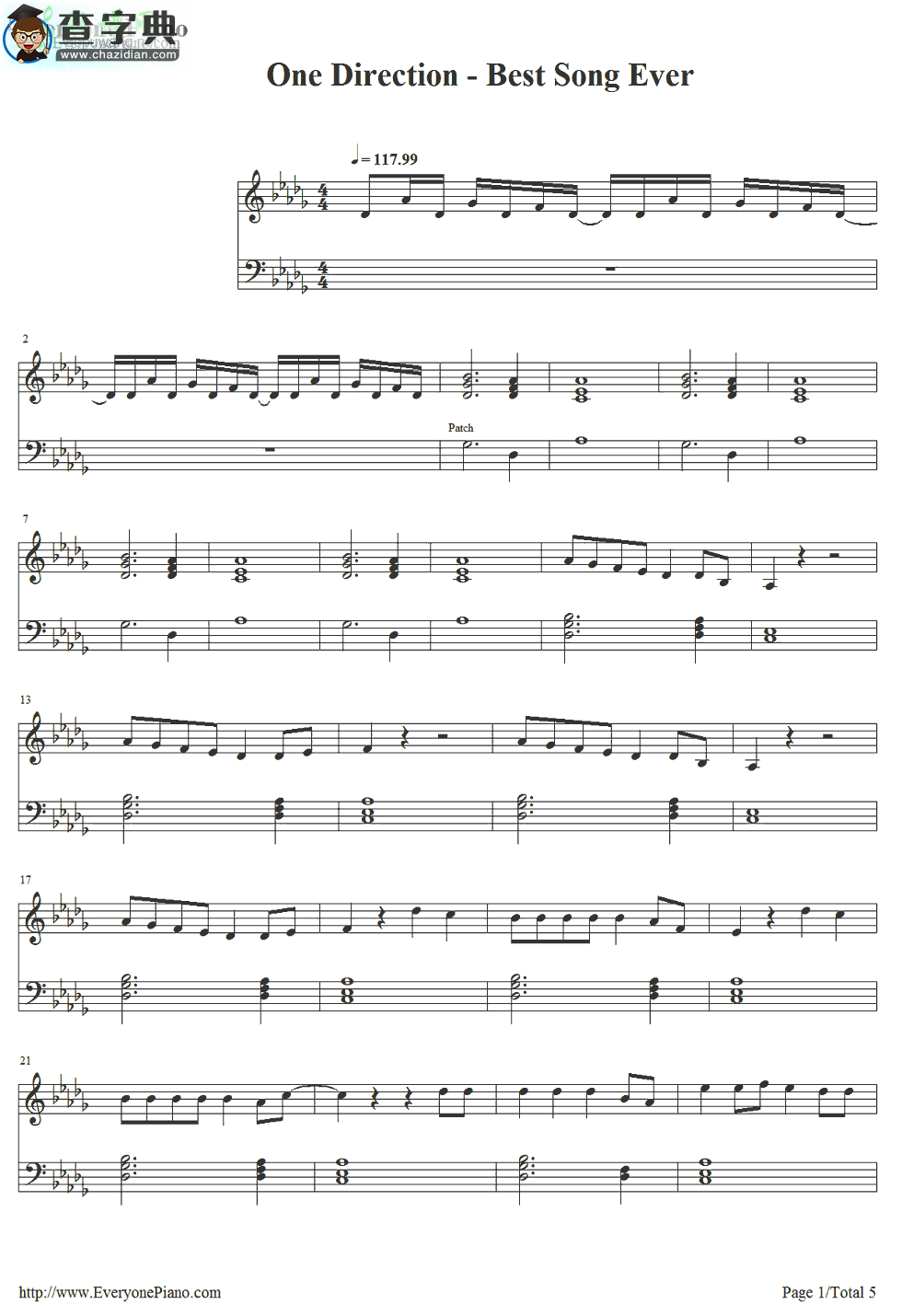 【Best Song Ever钢琴谱】One Direction