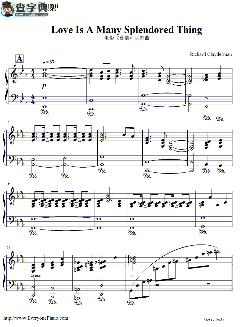 【Love Is A Many Splendored Thing钢琴谱】五线谱