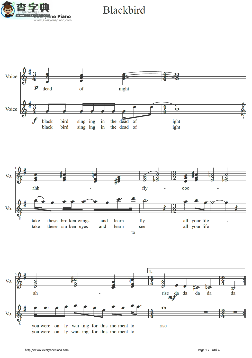 【Blackbird钢琴谱】The Beatles