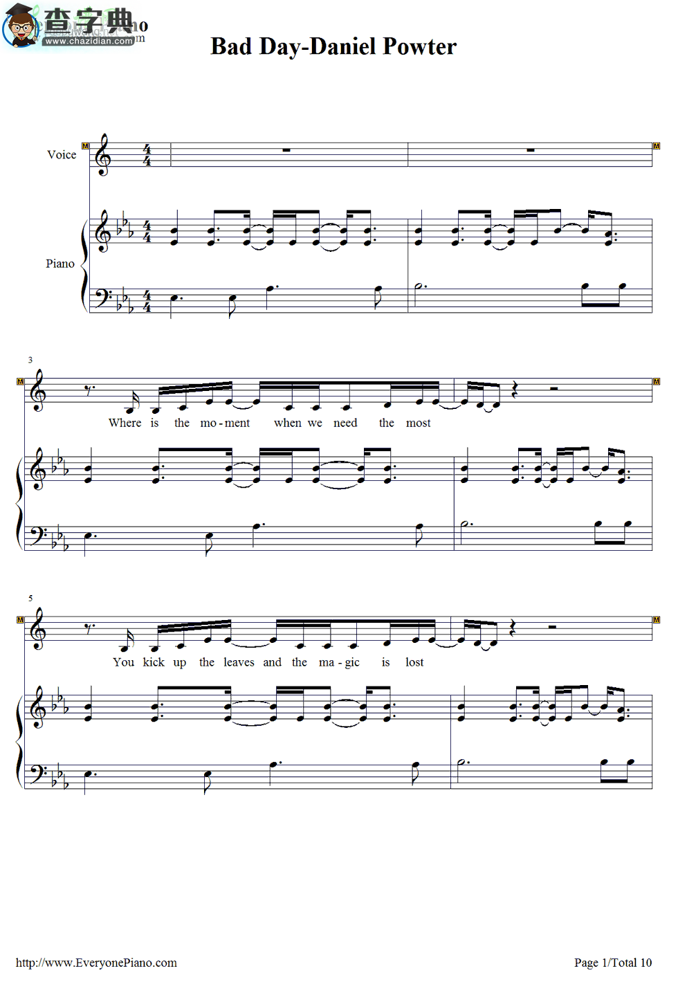 【Bad Day钢琴谱】Daniel Powter