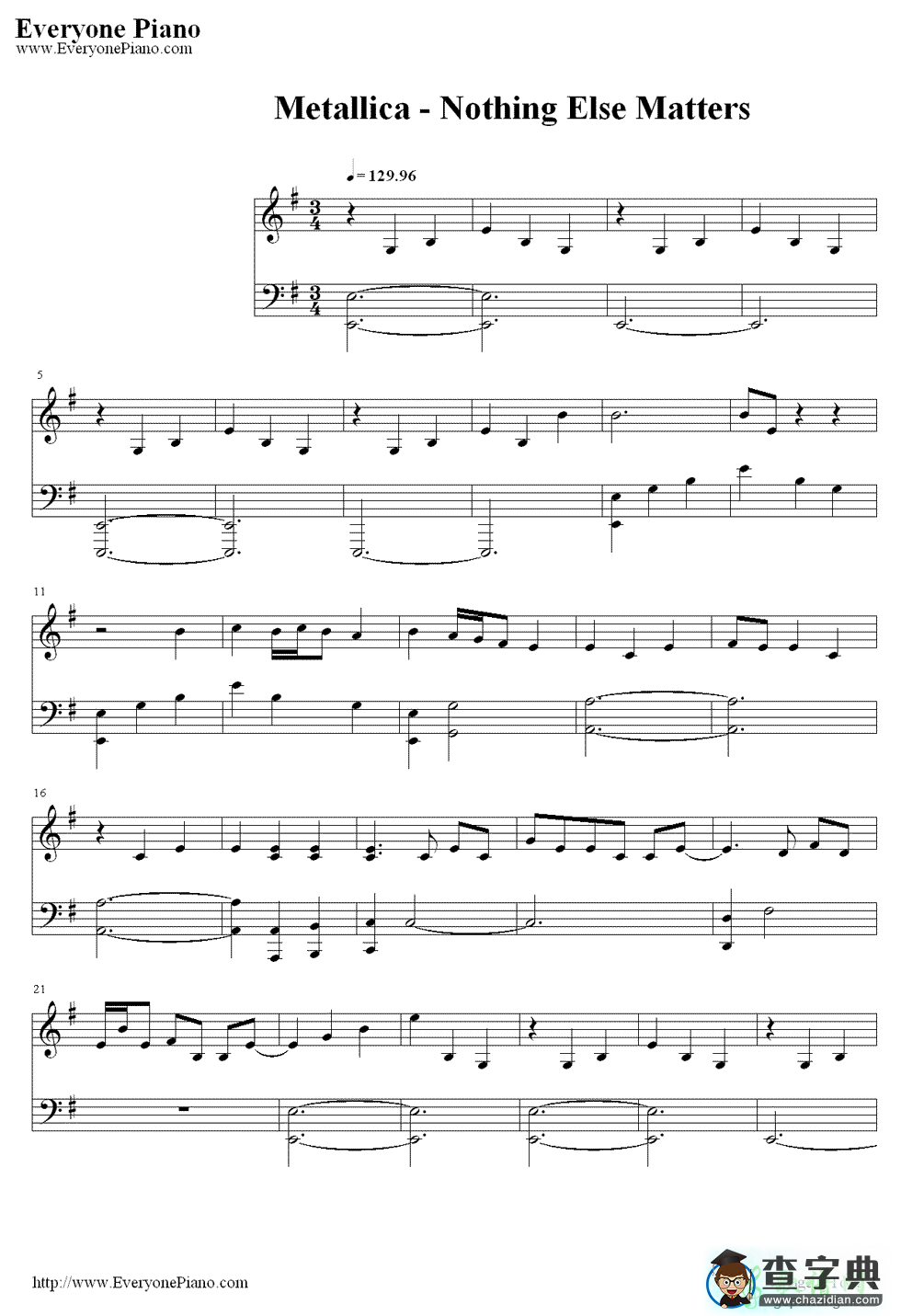 【Nothing Else Matters钢琴谱】Metallica