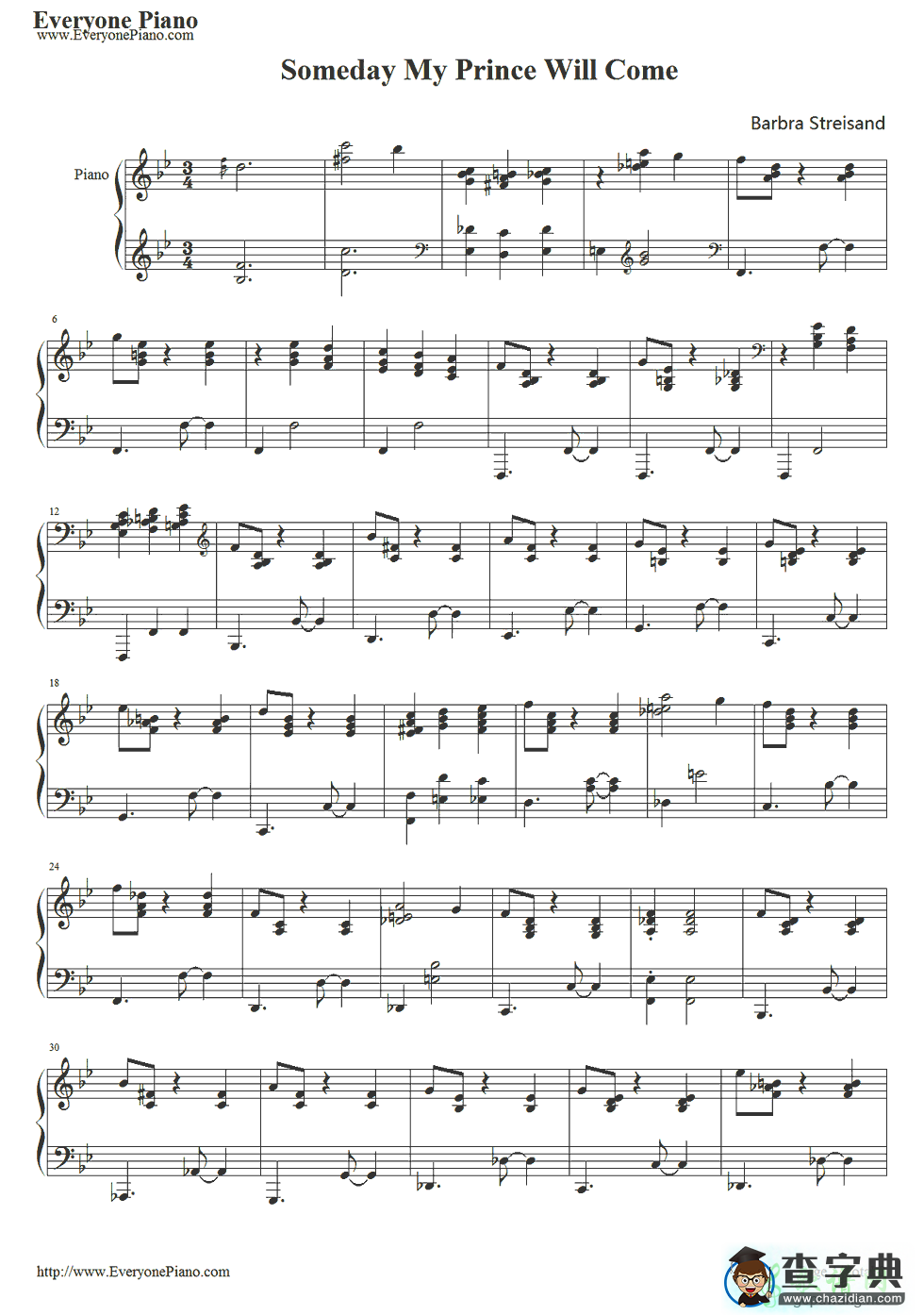 【Someday My Prince Will Come钢琴谱】五线谱