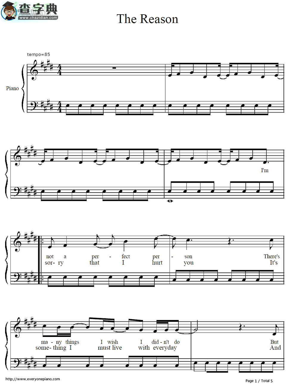 【The Reason钢琴谱】Hoobastank