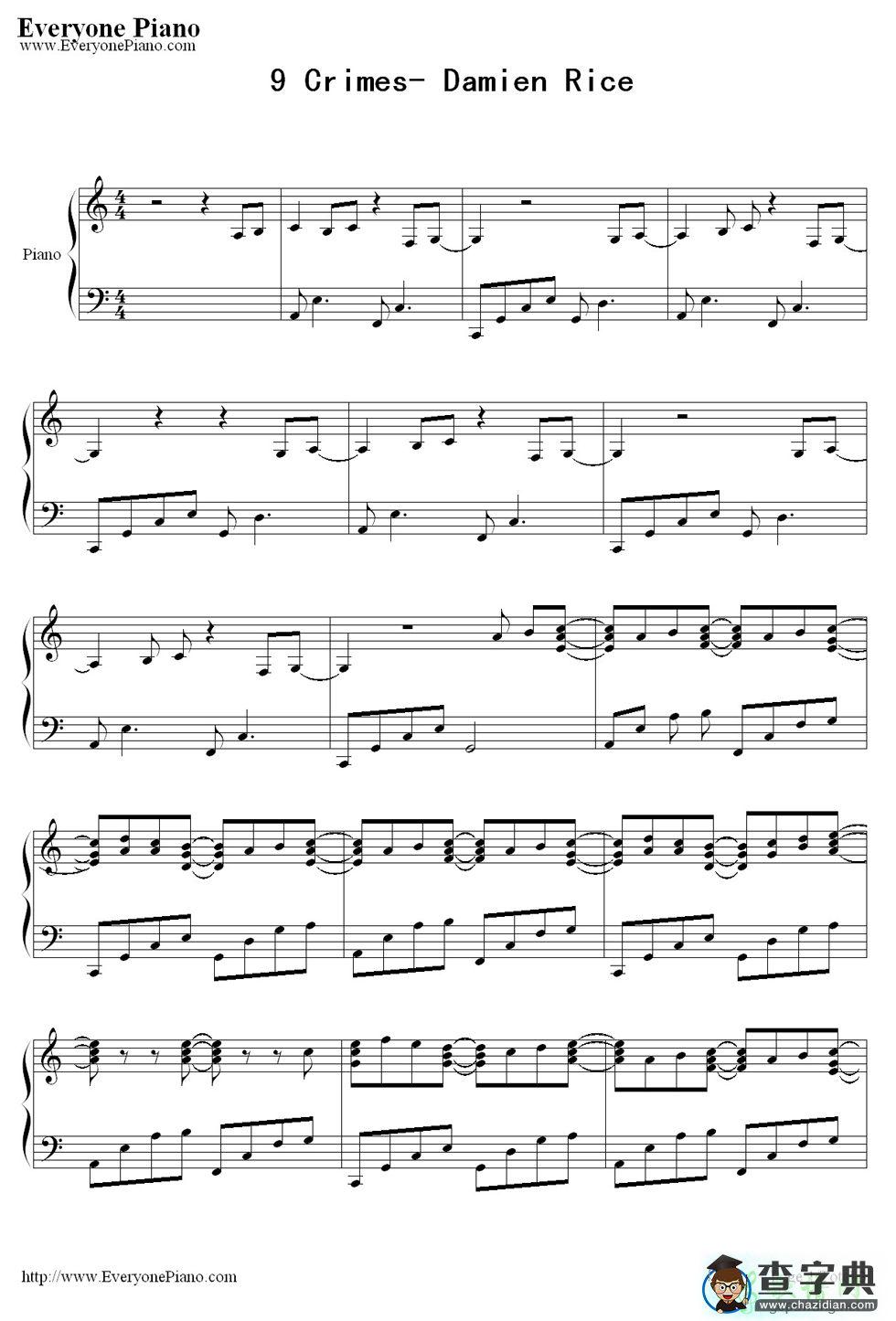 【9 Crimes钢琴谱】Damien Rice