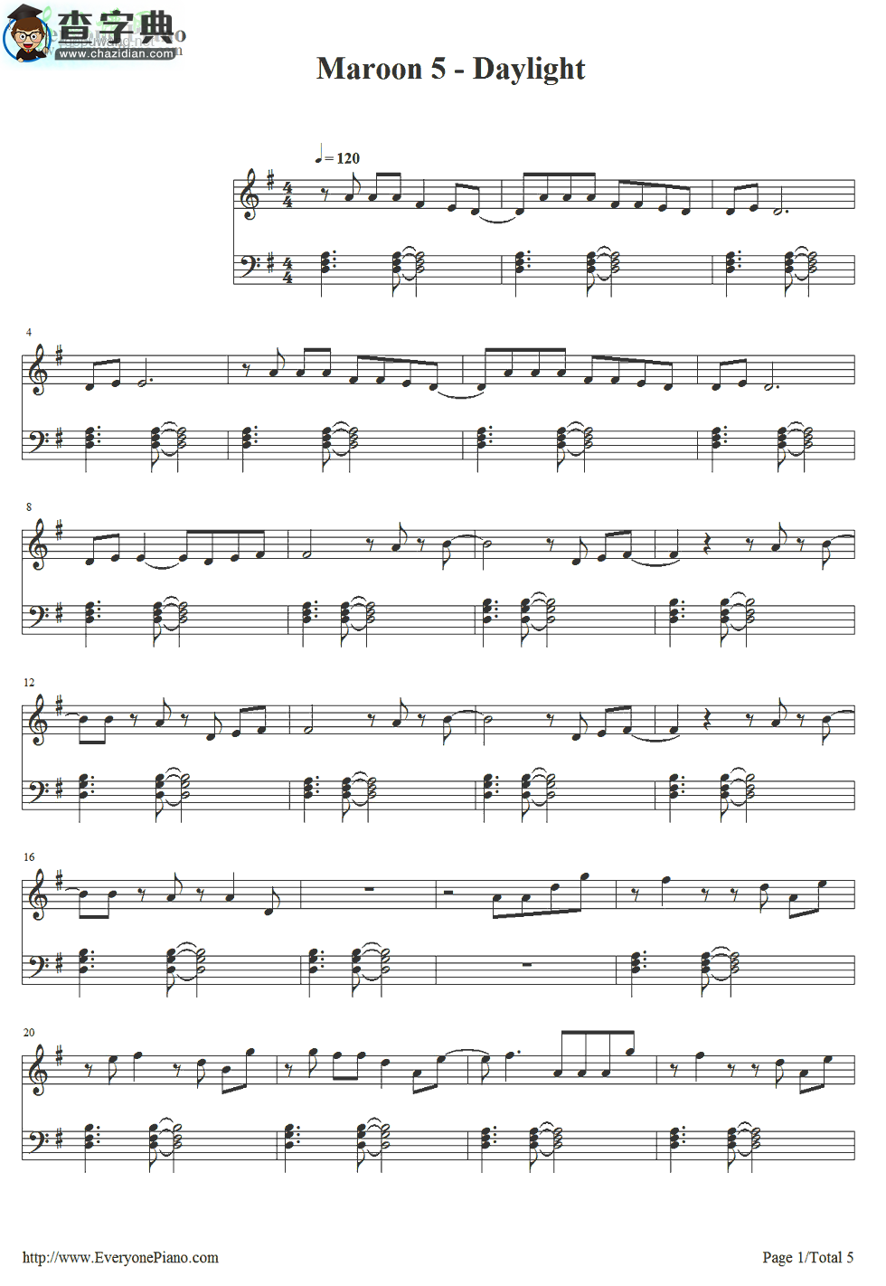 【Daylight钢琴谱】Maroon 5