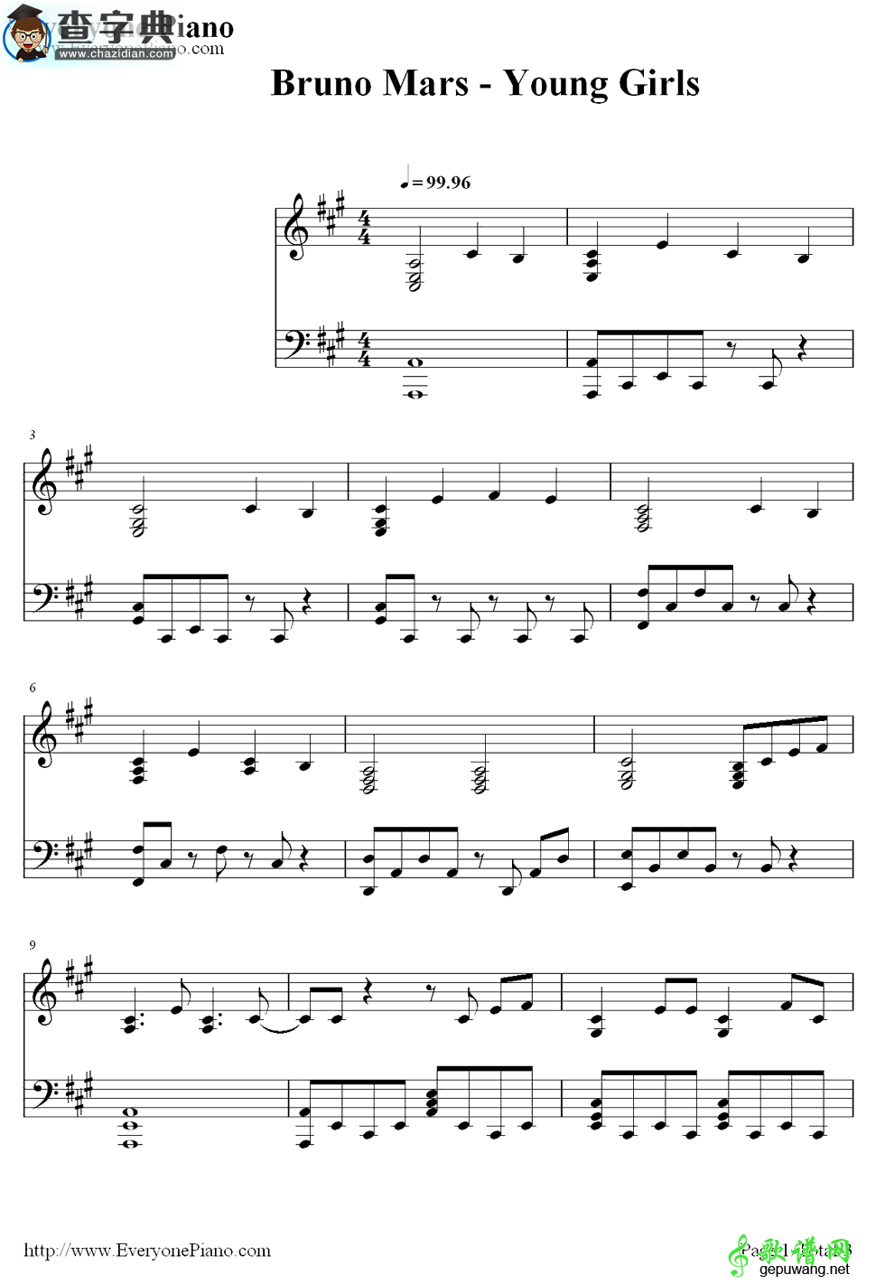 【Young Girls钢琴谱】Bruno Mars
