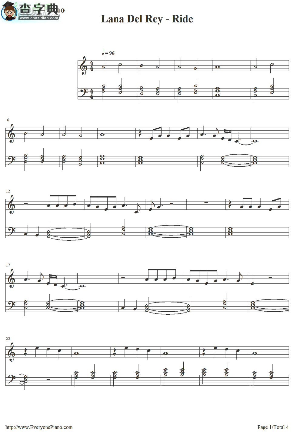 【Ride钢琴谱】Lana Del Rey