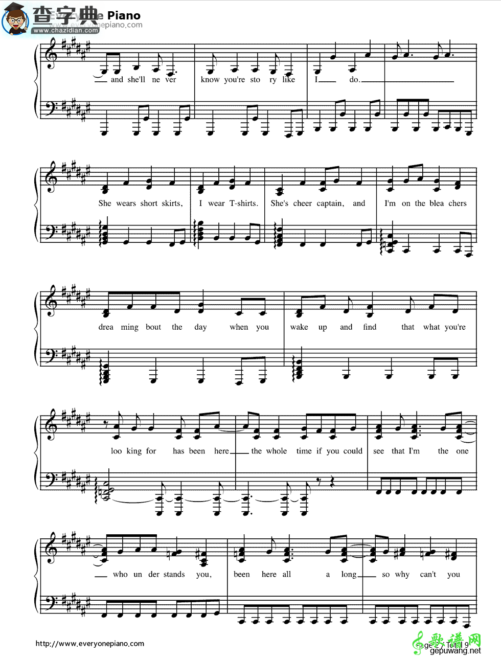 【You Belong With Me钢琴谱】Taylor Swift