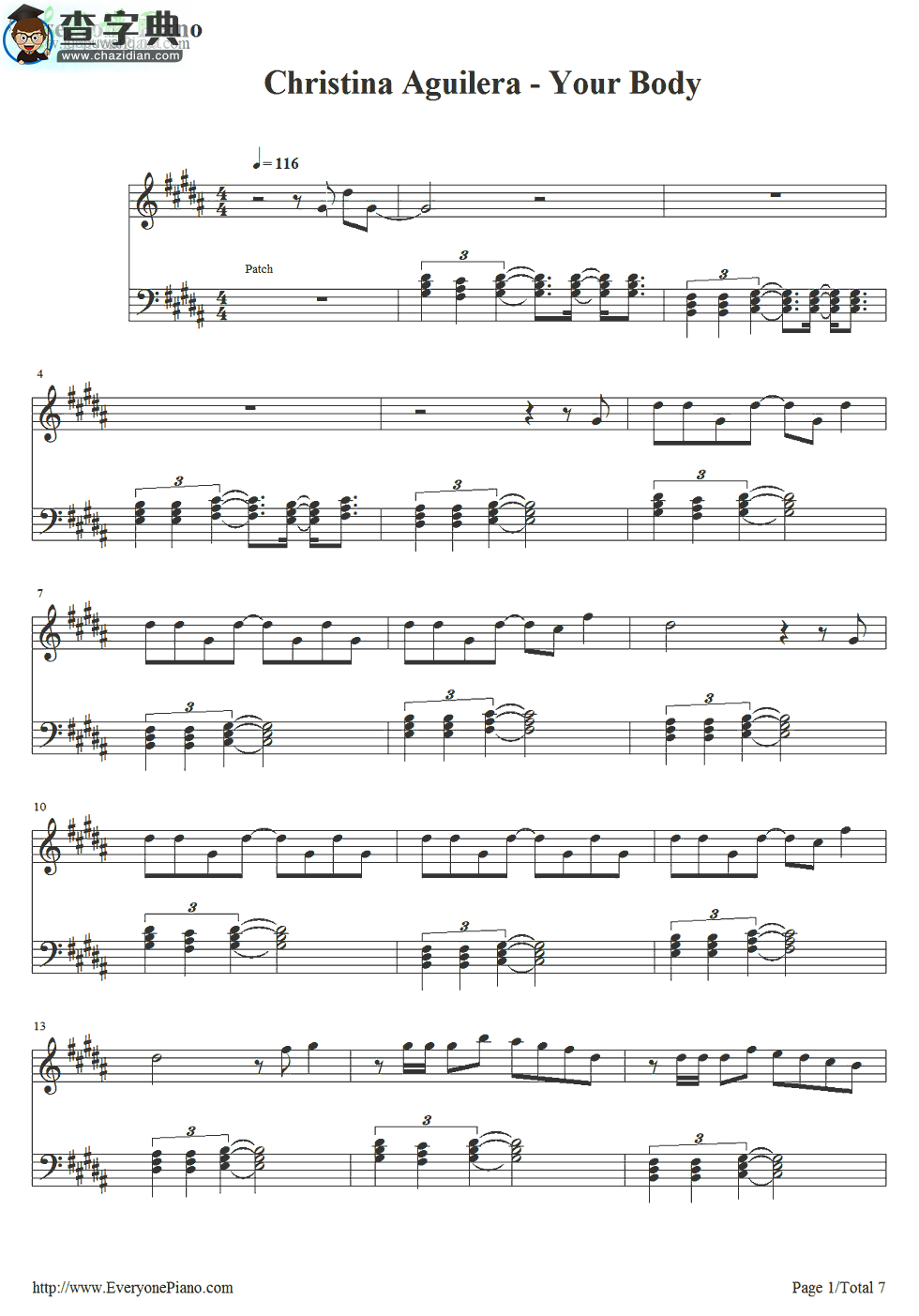 【Your Body钢琴谱】Christina Aguilera