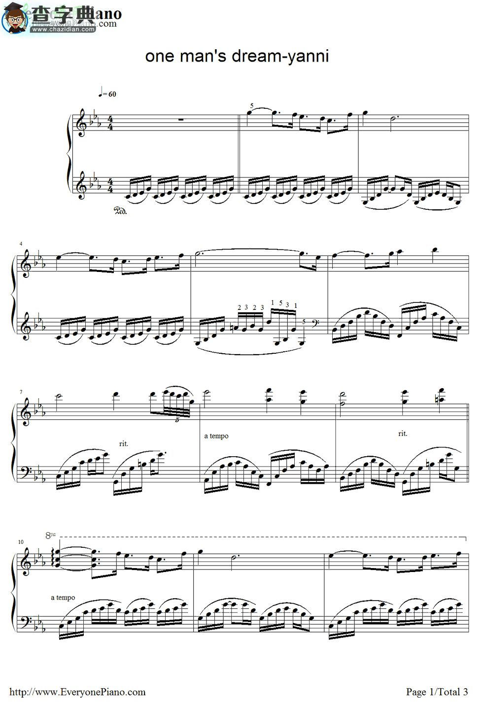 【One Mans Dream钢琴谱】雅尼（Yanni）