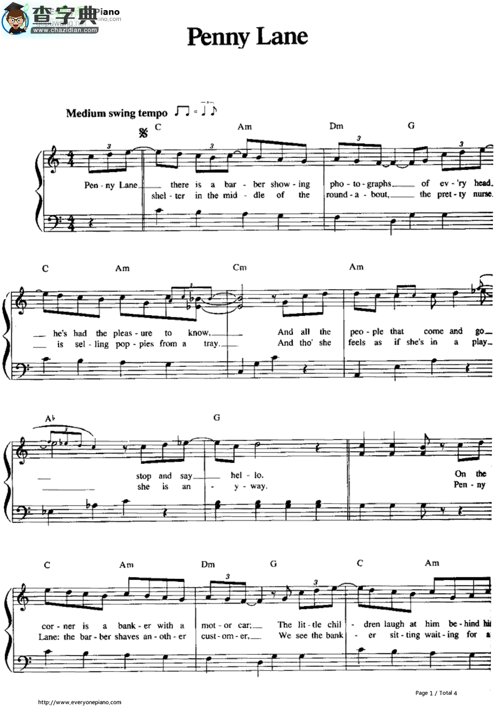 【Penny Lane钢琴谱】The Beatles