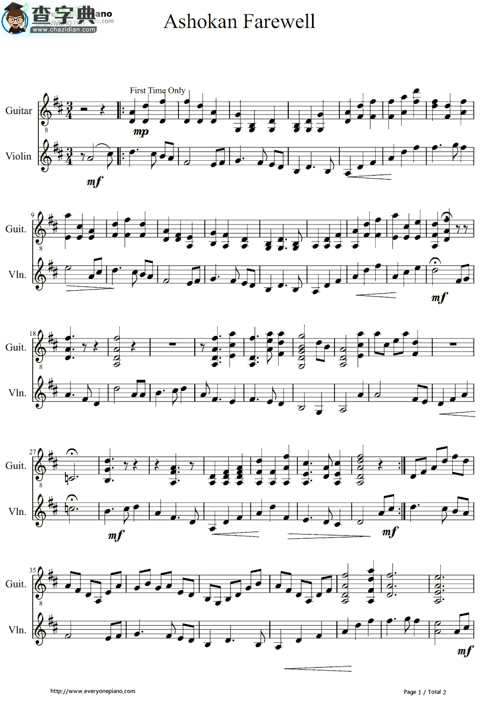 【Ashokan Farewell钢琴谱】五线谱