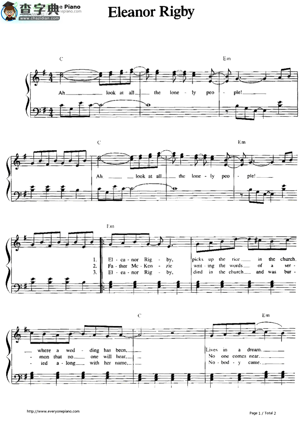 【Eleanor Rigby钢琴谱】The Beatles