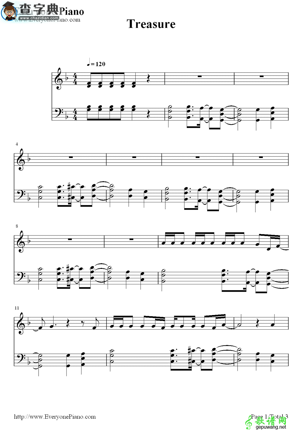 【Treasure钢琴谱】Bruno Mars