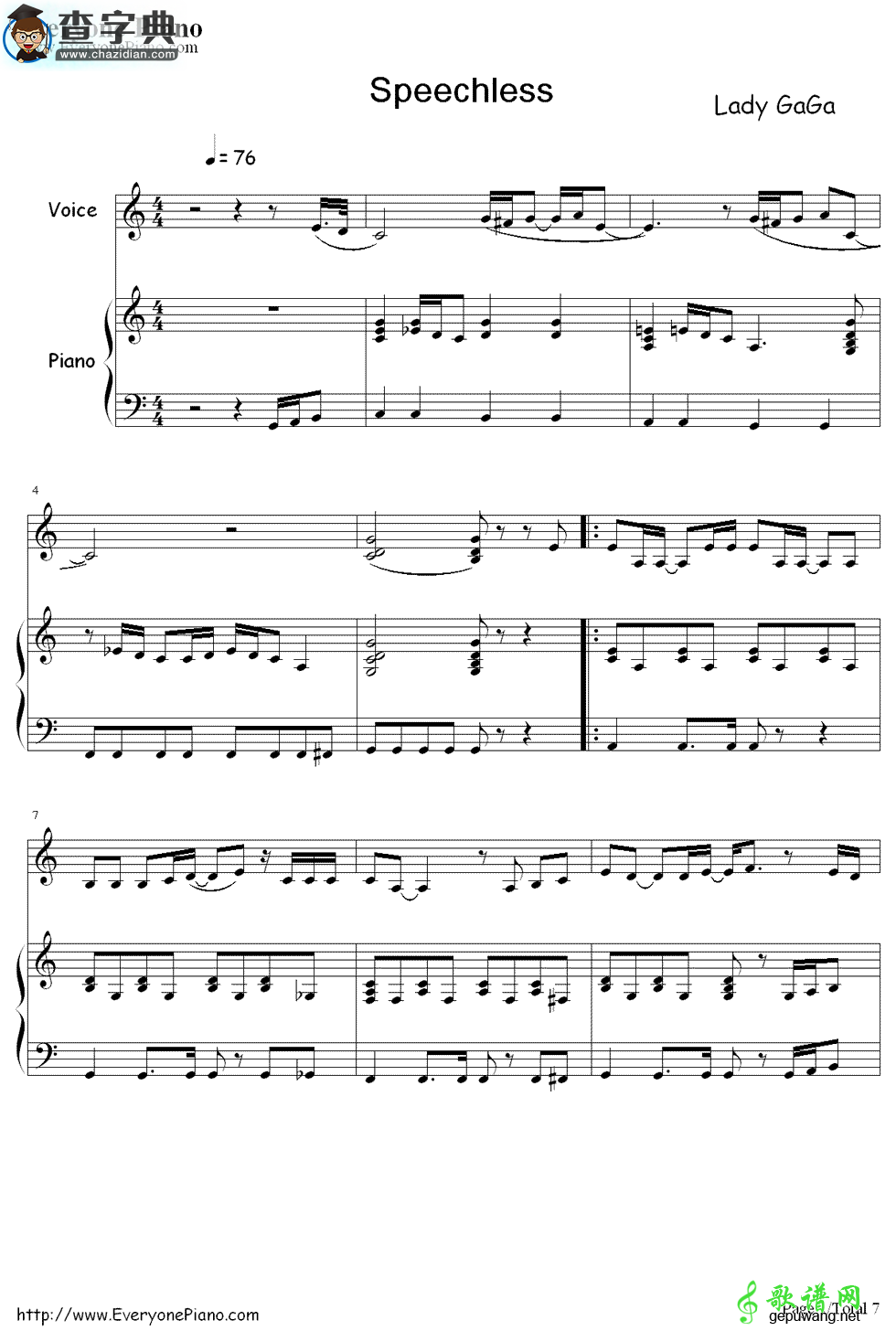 【Speechless钢琴谱】Lady Gaga